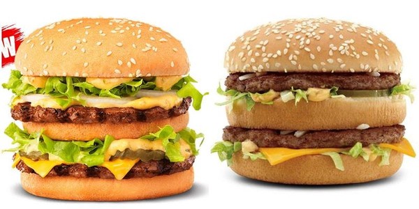 漢堡王的澳洲特許經營商「飢餓傑克」推出「Big Jack」（左），和麥當勞的主力產品「大麥克漢堡」（右），無論是外觀和成分都很雷同。（翻攝自Hungry Jack's官網、麥當勞官網）