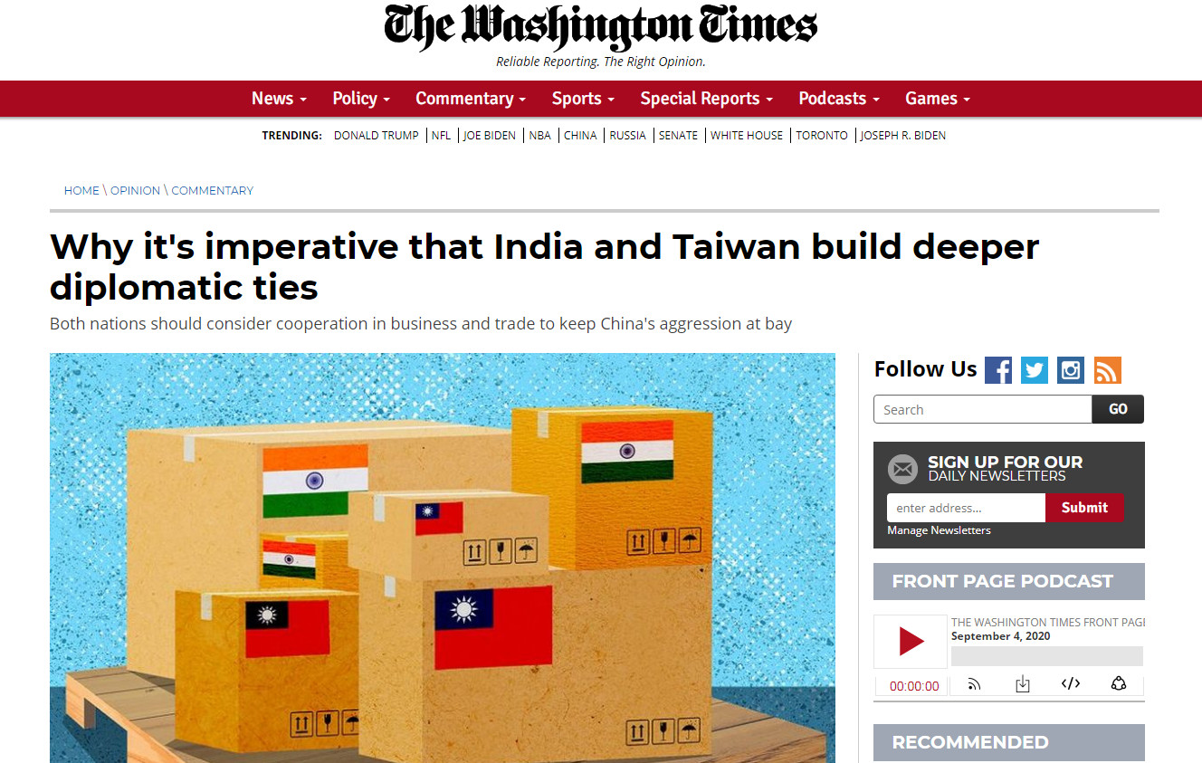 ▲▼ 印度學者基普根投書表示，印度實行「一個中國」政策，也與台灣保持往來。（圖／翻攝自華盛頓時報）