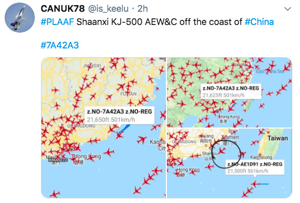 ▲▼對岸空警500預警機上午於海峽中線飛行。（圖／推特帳號）