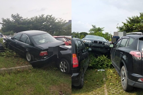 ▲一名新手駕駛在停車場練車，突然爆衝，撞上BMW車輛。（圖／翻攝臉書「爆怨公社」）