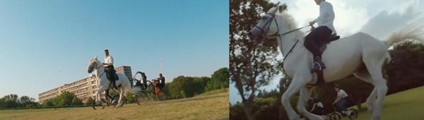 約翰波耶加主（左）演的廣告短片，有騎馬與單車競技的話面，翻拍的中國版（右）也照本宣科。（翻攝畫面）