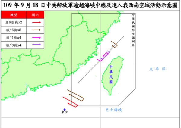 ▲▼國防部揭露共軍上午派多達18架軍機擾台的示意圖。（圖／國防部）