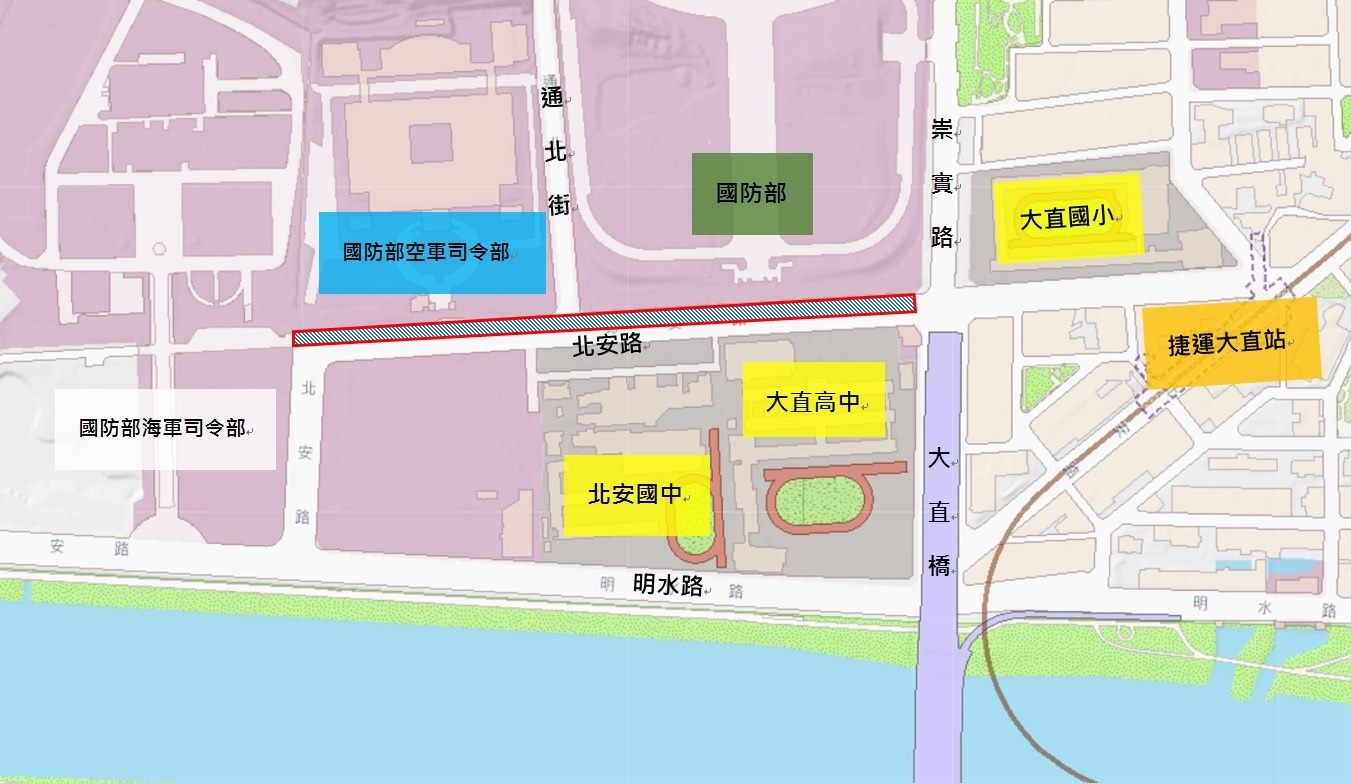 ▲▼北安路東往西車道（崇實路口至國防部海軍司令部側面前）路面更新範圍。（圖／台北市政府工務局新建工程處提供）