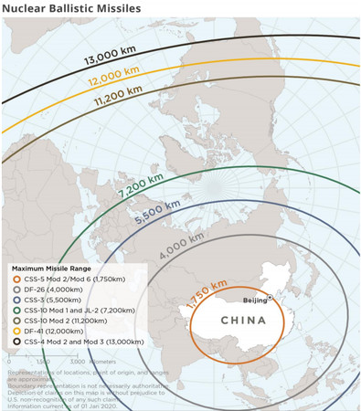 ▲▼中關於共軍核彈道飛彈射程地圖。（圖／翻攝自2020中國軍力報告）