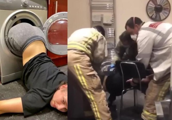 英國一名女大生酒醉後玩大冒險，意外將下半身「卡死」在洗衣機，只好急call消防員救援。（翻攝自The Sun YouTube）