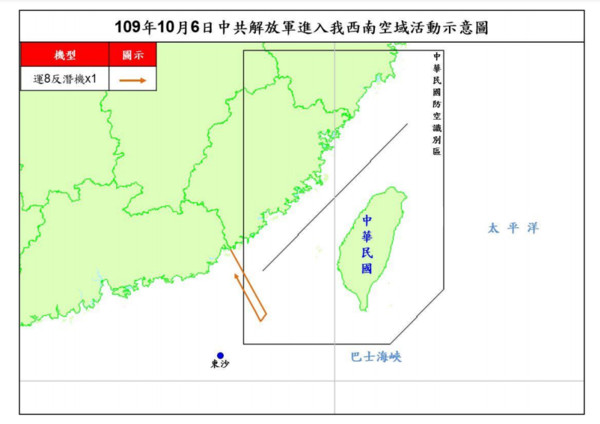 ▲▼運8於10月6日進入我西南空域活動示意圖。（圖／國防部提供）