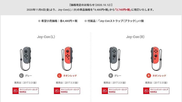 日本任天堂宣布，從11月6日起，單支Joy-Con控制器的價格將會全面調降。（翻攝自網路）