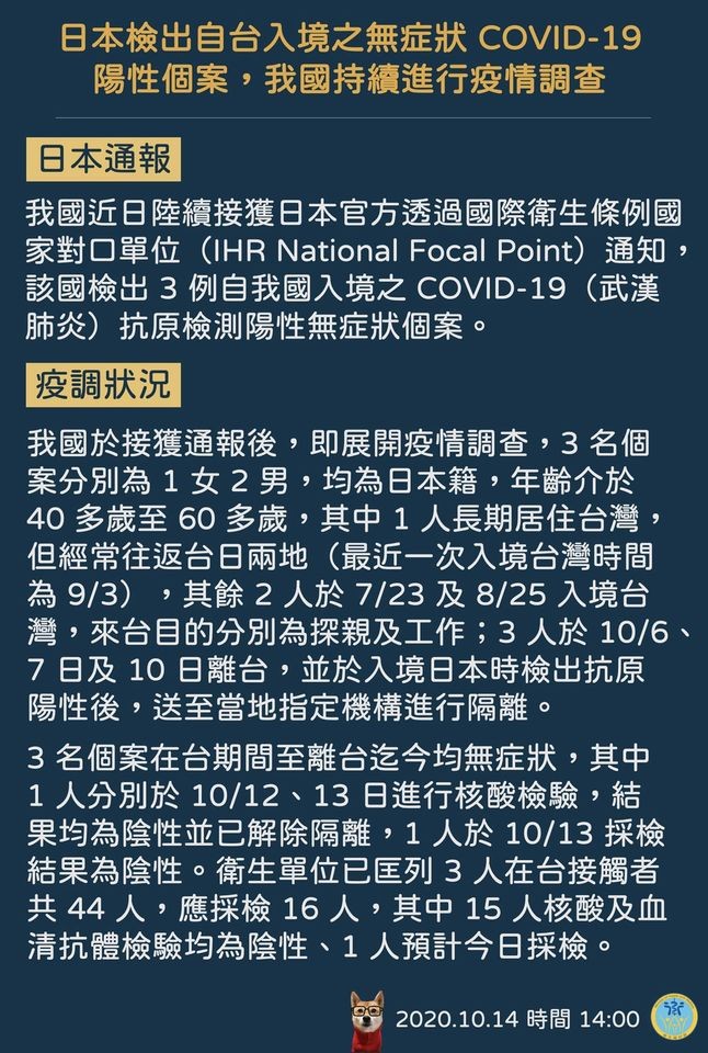 ▲▼日本檢出自台入境之無症狀 COVID-19 陽性個案，我國持續進行疫情調查。（圖／翻攝自Facebook／衛生福利部）