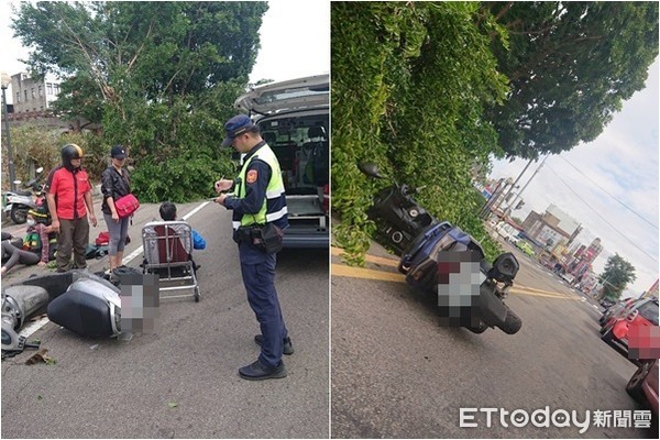 ▲▼苗消頭份市自強路與中華路口路樹倒塌，造成機車車禍，現場有4至5人受傷。（圖／記者黃孟珍翻攝）