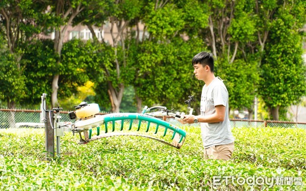 ▲台灣國際農業機械暨資材展首度移師桃園，台大生物機電系師生研發的協作式智慧載具，在茶業改良場茶園中實際採收。（圖／記者沈繼昌翻攝）