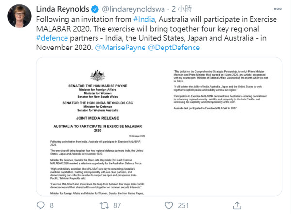 ▲▼澳洲國防部長雷諾茲在推特上發布參與「馬拉巴爾-2020」軍演聲明。（圖／翻攝自Linda ReynoldsTwitter）