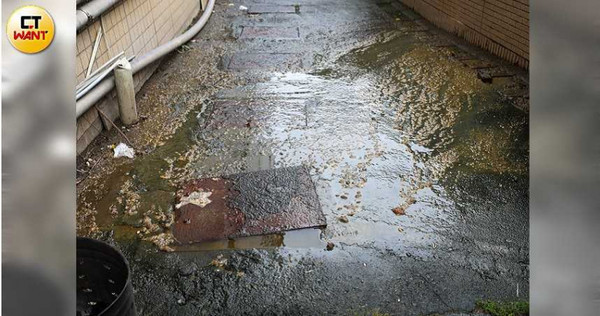 本刊直擊深坑某財貿大樓化糞池不堪負荷，屎水攻破孔蓋滿液路面，現場惡臭不已，即使離開現場，噁心畫面和氣味仍如噩夢般久久纏繞。（圖／張文玠攝）