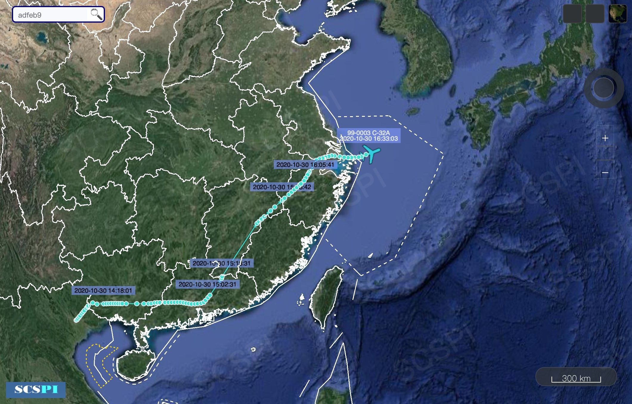 ▲▼美軍機飛越中國領空 機上「大人物」身分曝光。（圖／翻攝自推特「@SCS_PI」）
