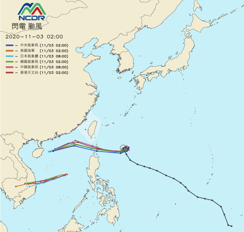 ▲▼閃電颱風各國預測路徑。（圖／NCDR）