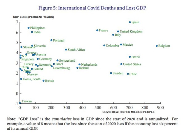 ▲▼台灣是圖表中唯一GDP為「-1」、死亡率幾乎為0的國家。（圖／翻攝自Macroeconomic Outcomes and COVID-19:A Progress Report）