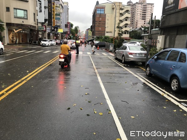 ▲台南市東區青年路台灣菸酒公司台南營業處，發生騎樓地黃花風鈴木倒塌事件，影響車道通行，台南市警一分局派員管制交通，並通報工務局派員清理。（圖／記者林悅翻攝，下同）