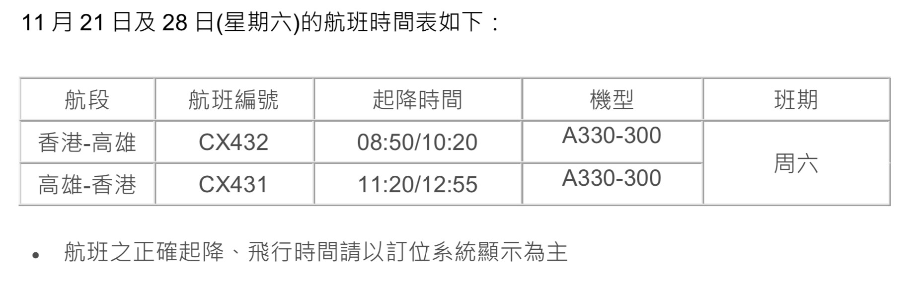 ▲國泰航空飛香港航班時間表。（圖／國泰提供）