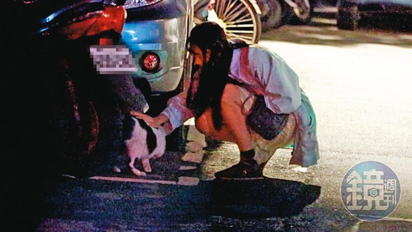 01:43　王若琳進家門前，蹲在路邊車子旁撫摸野貓。