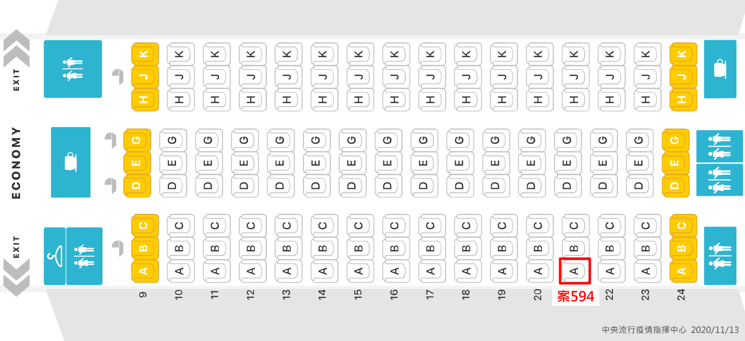 ▲▼案594班機座位圖。（圖／中央流行疫情指揮中心提供）