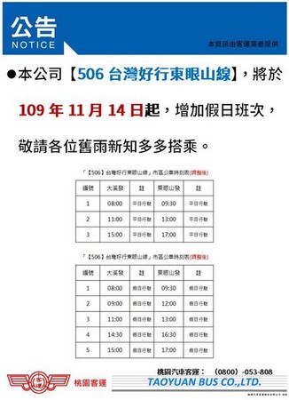 ▲台灣好行東眼山線假日增開4班次