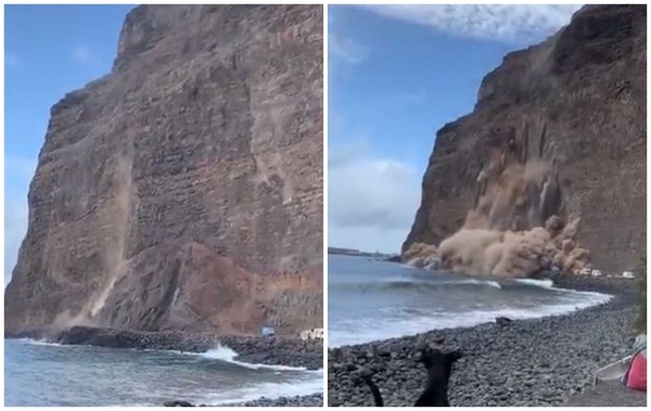 ▲西班牙拉戈梅拉島出現斷崖崩落。（圖／翻攝自推特@avtorresp）