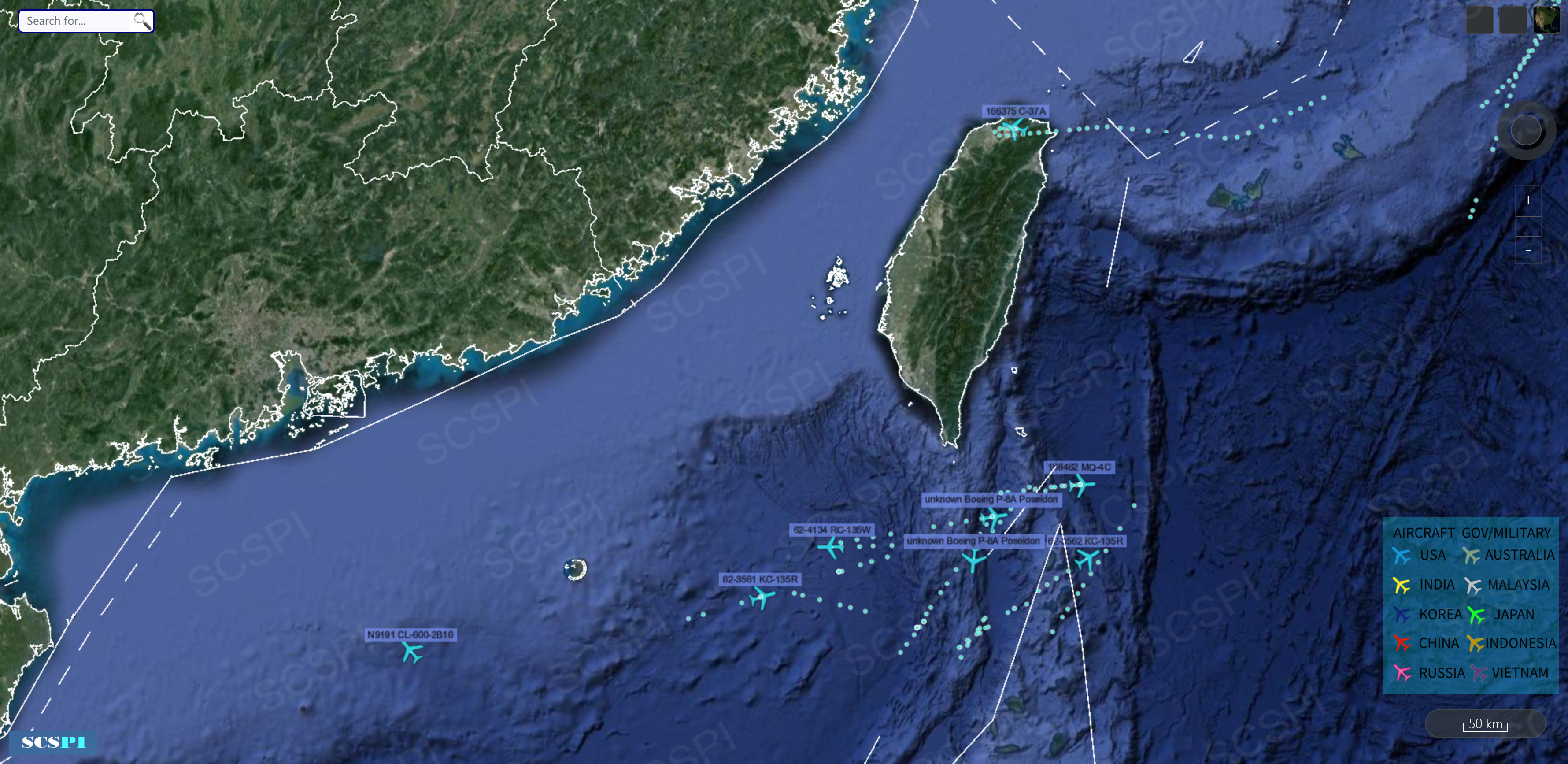 ▲▼「南海戰略態勢感知計畫」（SCSPI）指出，「C-37A」專機抵台時，南海及巴士海峽出現7架次美軍軍機。（圖／翻攝自推特「@SCS_PI」）