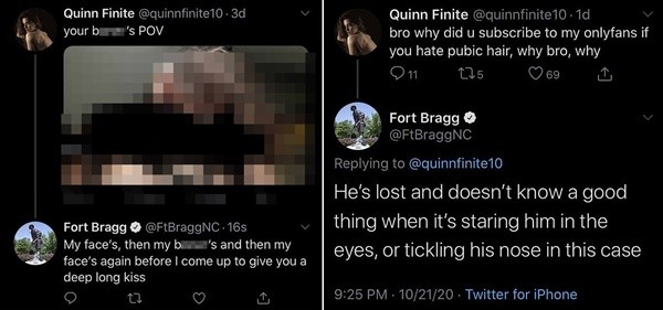 ▲加拿大色情模特兒奎茵（Quinn Finite）因釣出美國陸軍基地「布雷格堡」（Fort Bragg）留言，聲名大噪。（圖／翻攝Twitter@quinnfinite10）
