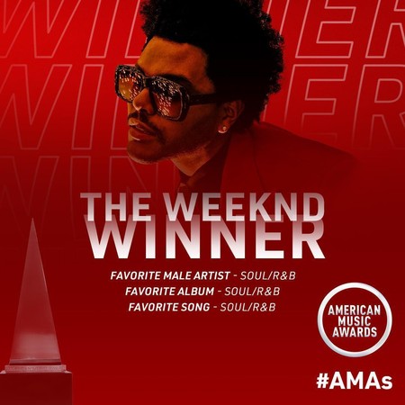 威肯在22日的全美音樂獎中囊括3項大獎，備受肯定。（翻攝自AMAs臉書）