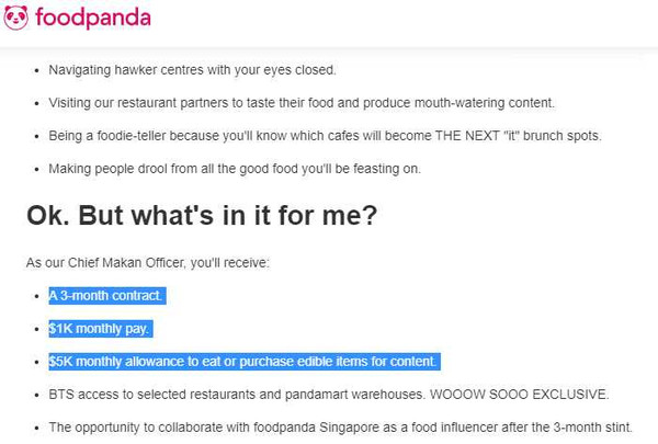 應徵成功者將得到FoodPanda提供的3個月合約，月薪也只有1千新加坡幣，約台幣2萬1千元，提供每個月5千元新加坡幣，折合台幣10萬6000元的伙食費。（圖／翻攝自新加坡 FoodPanda網頁）