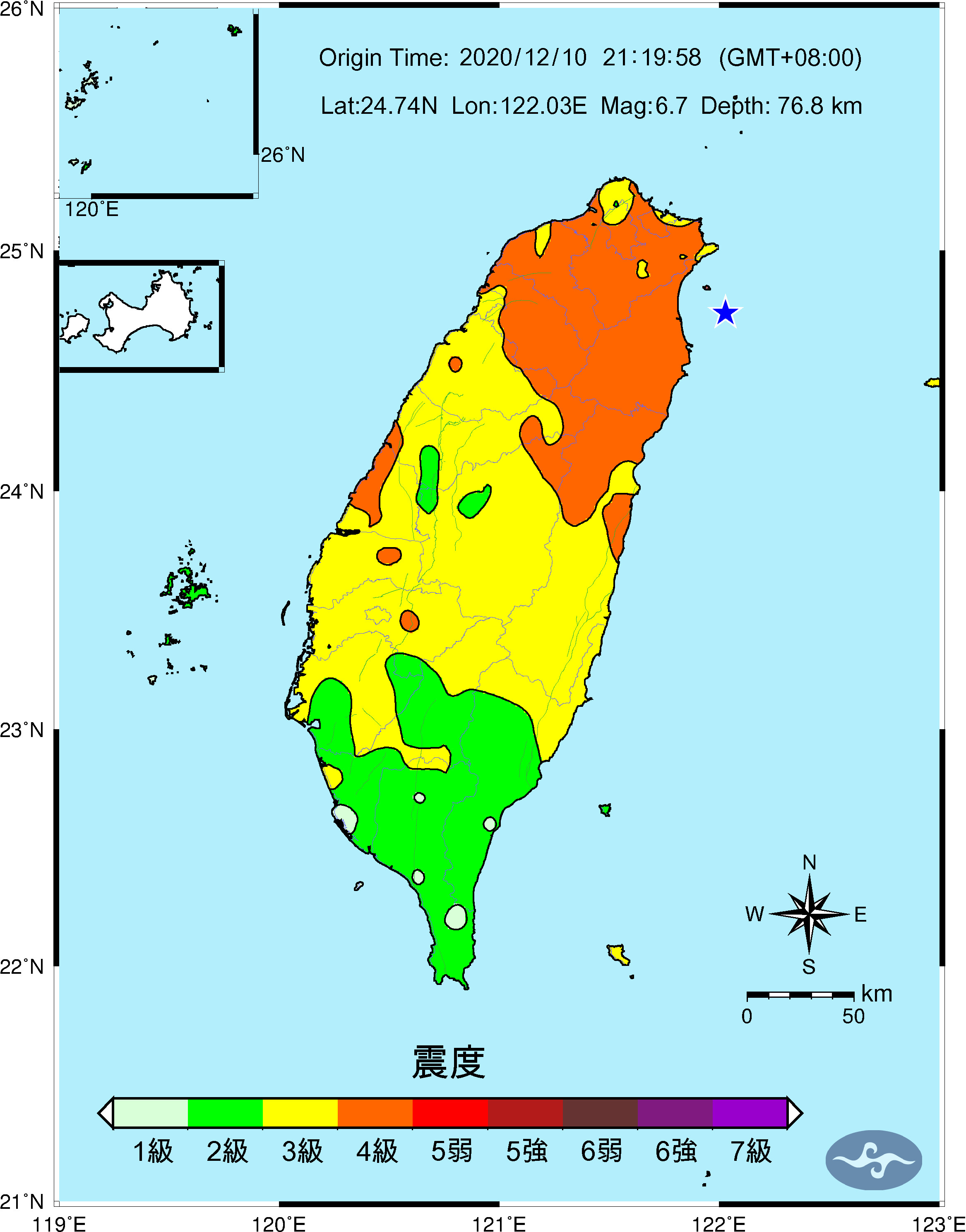 ▲▼21:19東部海域發生規模6.7地震。（圖／中央氣象局）