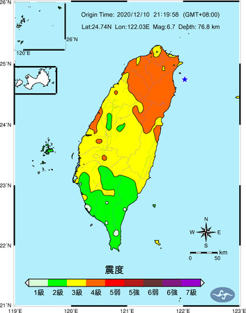 ▲▼21:19東部海域發生規模6.7地震。（圖／中央氣象局）