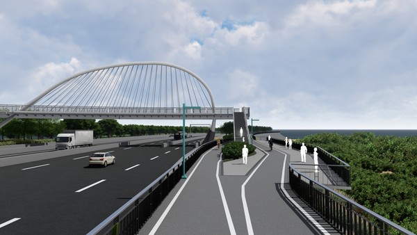 ▲豎琴橋旁將興建64公尺長的堤頂賞夕平台，預計明年2月完工。（圖／新竹市政府提供）