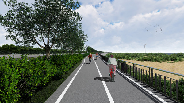 ▲豎琴橋旁將興建64公尺長的堤頂賞夕平台，預計明年2月完工。（圖／新竹市政府提供）