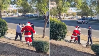 聖誕老人抱摔壓制！偷車賊被上銬一臉狀況外：發生啥事