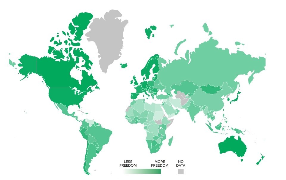 ▲▼美國及加拿大智庫發表「人類自由指數」報告，地圖上顏色深淺代表這個國家自由度多寡。（翻攝自卡托研究所官網）