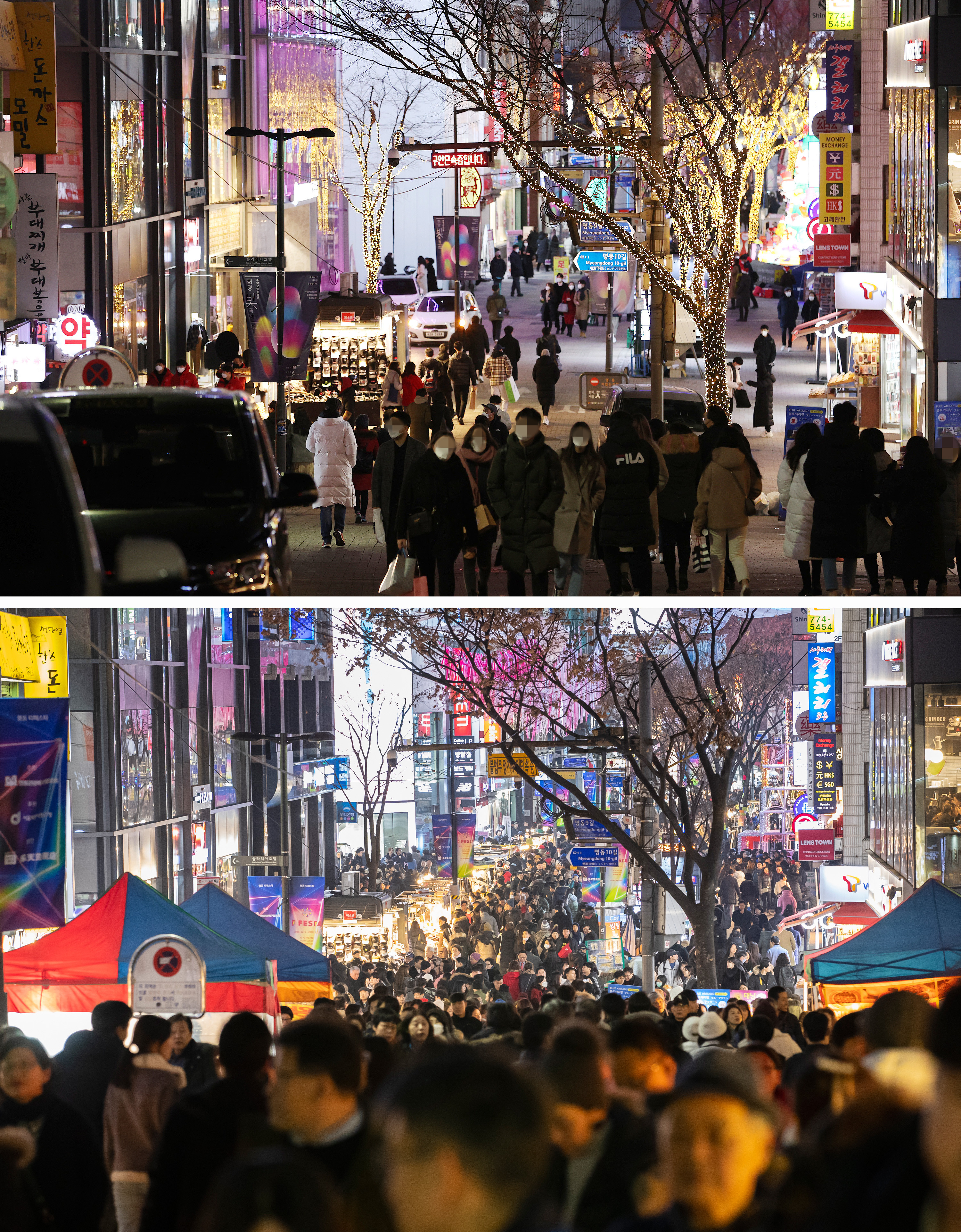 ▲▼首爾明洞平安夜人潮今年(上)與去年(下)對比。（圖／達志影像）