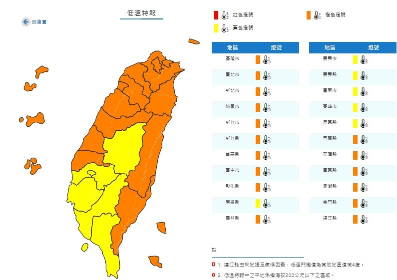 ▲▼低溫特報。（圖／中央氣象局）