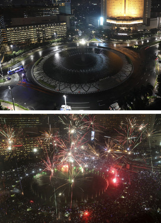 ▲▼印尼雅加達的印尼環島酒店（Hotel Indonesia）圓環2019年與2020年跨年對比照。（圖／達志影像／美聯社）