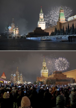 ▲▼俄羅斯紅場（Red Square）2019年與2020年跨年對比照。（圖／達志影像／美聯社）