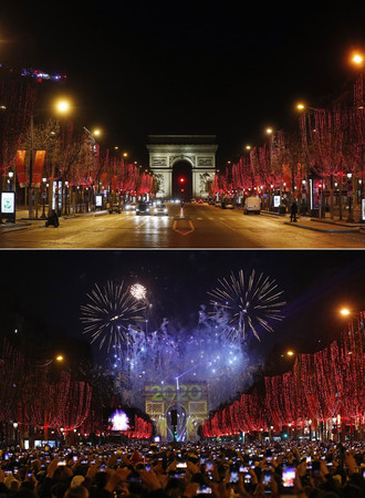 ▲▼法國巴黎香榭麗舍大道（Champs-Élysées）2019年與2020年跨年對比照。（圖／達志影像／美聯社）