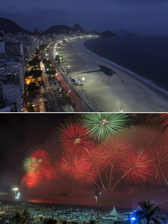 ▲▼巴西里約熱內盧科帕卡巴納海灘（Copacabana Beach）2019年與2020年跨年對比照。（圖／達志影像／美聯社）
