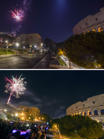 ▲▼義大利羅馬競技場（Colosseum）2018年與2020年跨年對比照。（圖／達志影像／美聯社）