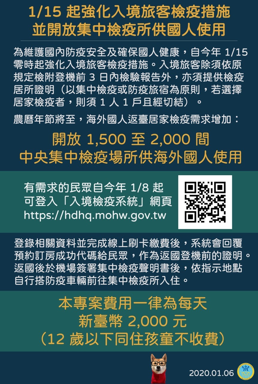 ▲1/15 起強化入境旅客檢疫措施，並開放集中檢疫所供國人使用。（圖／翻攝自Facebook／衛生福利部）