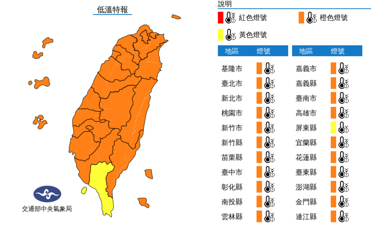 ▲氣象局發布低溫特報。（圖／氣象局）