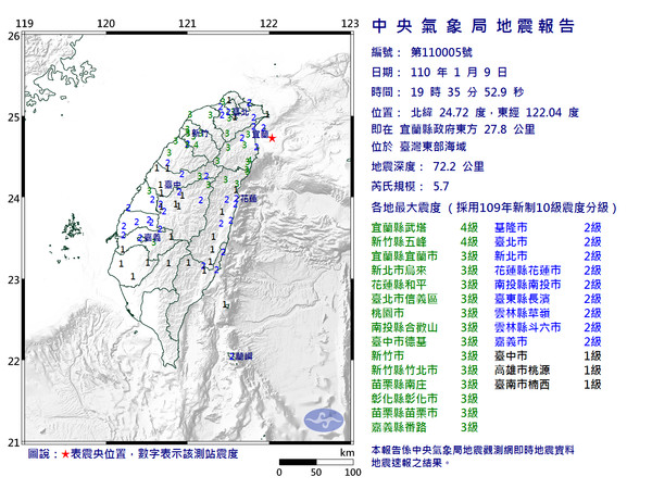 ▼台灣東部海域9日晚間7時35分發生芮氏規模5.7地震。（圖／中央氣象局）