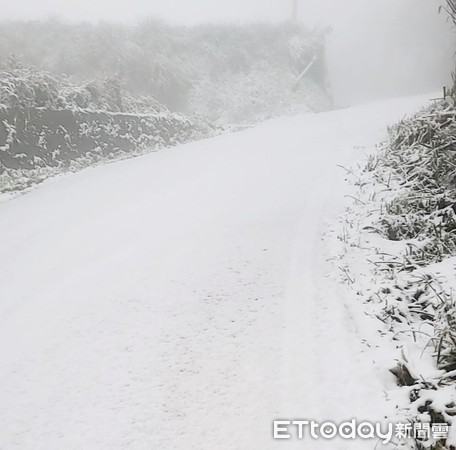 ▲桃園市復興區拉拉山巨木區、上巴陵等地區8日凌晨開始飄下瑞雪，山路上處都是積雪。（圖／記者沈繼昌翻攝）