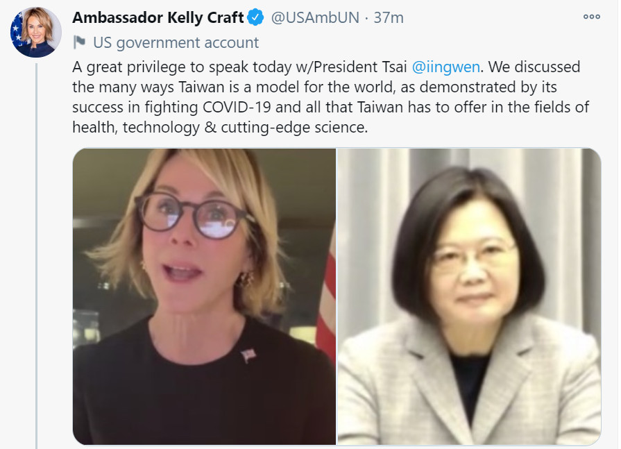 ▲▼  美國駐聯合國大使克拉芙特（Kelly Craft）在台灣時間14日中午12時許，透過推特證實與總統蔡英文談話。（圖／翻攝自推特）