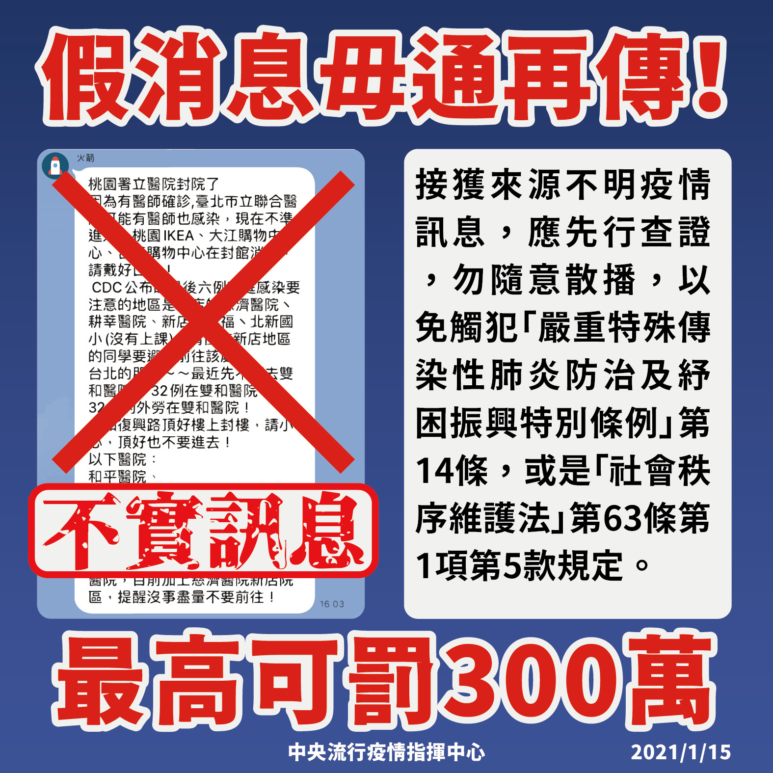 ▲▼指揮中心呼籲假消息勿再傳播，最高可罰300萬。（圖／指揮中心提供）