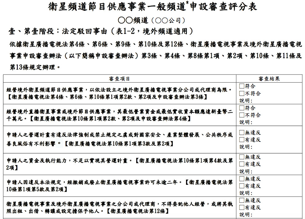 ▲▼衛星頻道節目供應事業一般頻道*申設審查評分表（圖／記者陳世昌攝）