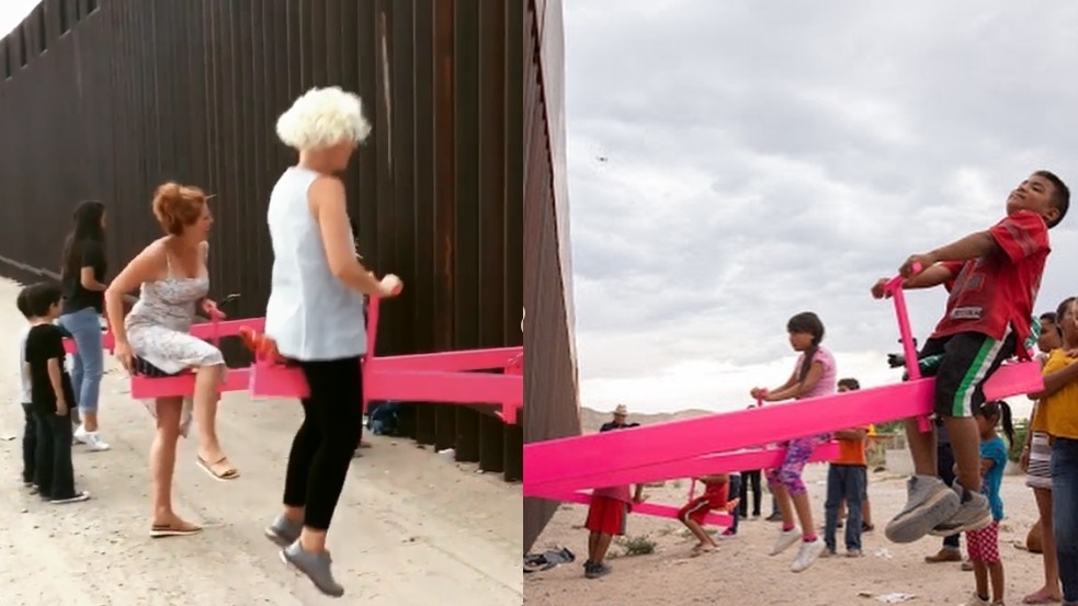 ▲▼藝術家於美墨邊界設「粉紅蹺蹺板」，讓兩國人民一同玩樂。（圖／翻攝自Instagram／@rrael）